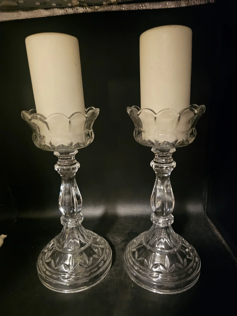 Pair of Clear Glass Scalloped Pillar Candle Holders